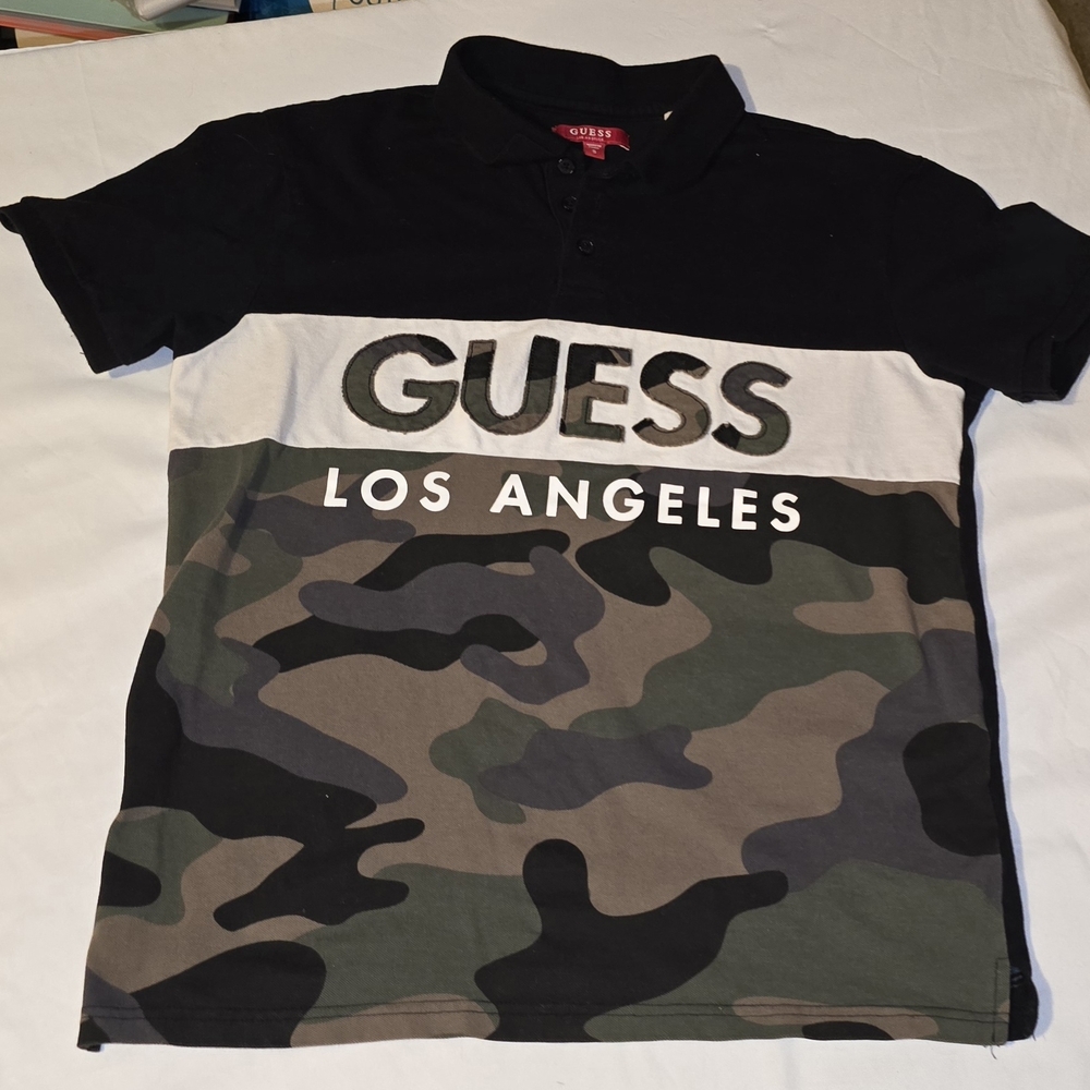 Men's S Camo Guess Button Up Polo Shirt Y2K